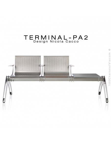 Banc design ou assise sur poutre TERMINAL assise deux places avec plateau porte revue, finition peinture gris-aluminium.