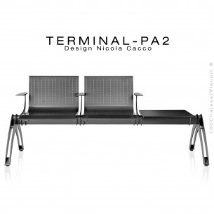 Banc design ou assise sur poutre TERMINAL assise deux places avec plateau porte revue, finition peinture anthracite.