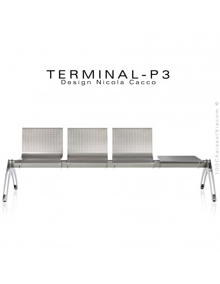 Banc ou assise sur poutre design TERMINAL, assise 3 places finition peinture polyester gris-aluminium avec tablette.