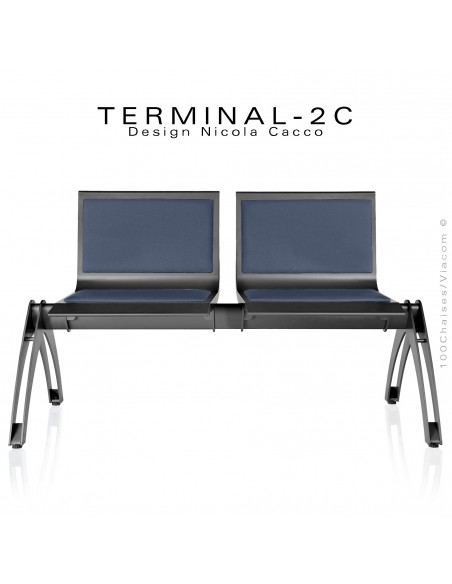 Banc design ou assise sur poutre TERMINAL deux places avec coussin d'assise et dossier tissu bleu foncé, structure anthracite.