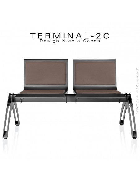 Banc design ou assise sur poutre TERMINAL deux places avec coussin d'assise et dossier tissu marron, structure anthracite.