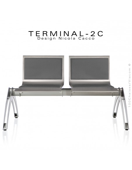 Banc design ou assise sur poutre TERMINAL deux places avec coussin d'assise et dossier tissu gris foncé, structure aluminium.