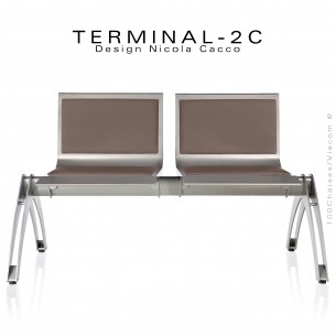 Banc design ou assise sur poutre TERMINAL deux places avec coussin d'assise et dossier tissu marron, structure aluminium.