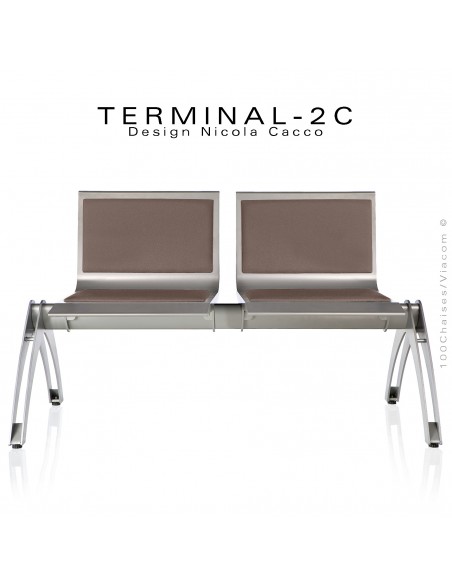 Banc design ou assise sur poutre TERMINAL deux places avec coussin d'assise et dossier tissu marron, structure aluminium.