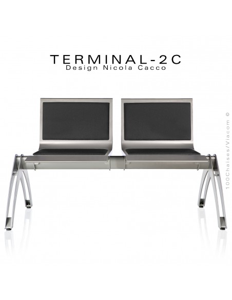 Banc design ou assise sur poutre TERMINAL deux places avec coussin d'assise et dossier tissu noir, structure aluminium.