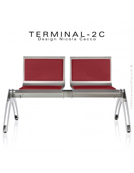 Banc design ou assise sur poutre TERMINAL deux places avec coussin d'assise et dossier tissu rouge, structure aluminium.