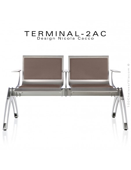 Banc design TERMINAL, assise deux places avec accoudoirs et coussins d'assises tissu marron, finition structure peint aluminium.