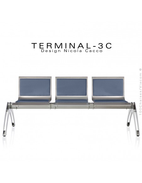 Banc design ou assise sur poutre TERMINAL, assise 3 places tissu tissé M1 ou AM18, couleur bleu, structure peinture aluminium.