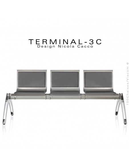 Banc design ou assise sur poutre TERMINAL, assise 3 places tissu tissé M1 ou AM18, couleur gris, structure peinture aluminium.