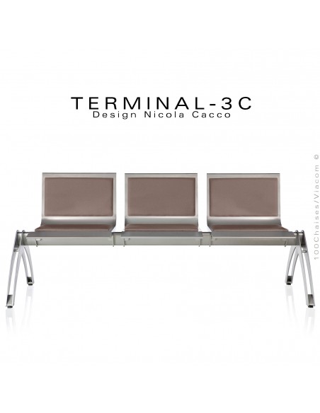 Banc design ou assise sur poutre TERMINAL, assise 3 places tissu tissé M1 ou AM18, couleur marron, structure peinture aluminium.