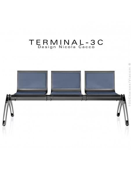 Banc design ou assise sur poutre TERMINAL, assise 3 places tissu tissé M1 ou AM18, couleur bleu, structure peinture anthracite.