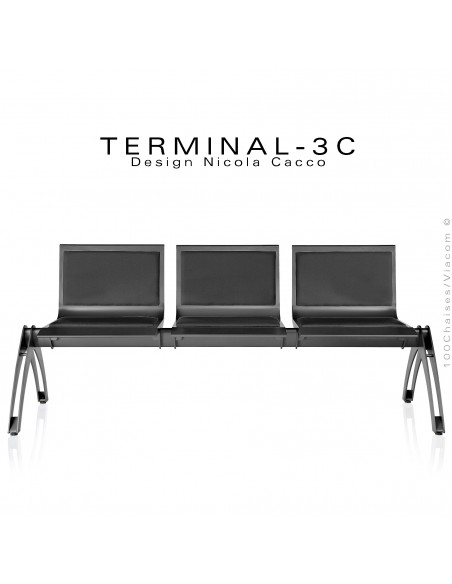 Banc design ou assise sur poutre TERMINAL, assise 3 places tissu tissé M1 ou AM18, couleur noir, structure peinture anthracite.