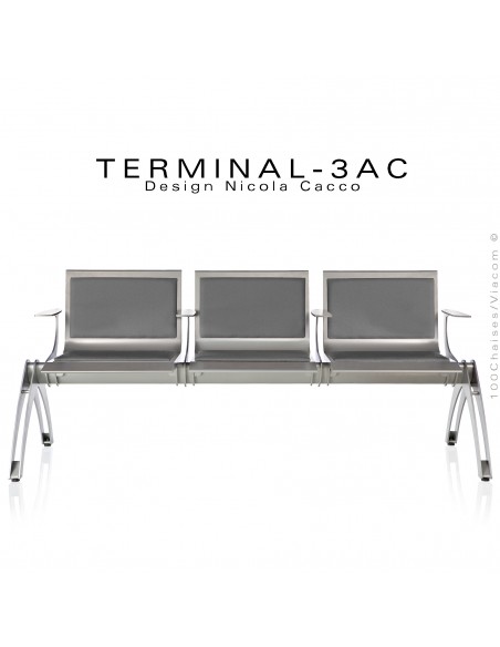 Banc design pour salle d'attente TERMINAL, 3 places avec coussins et accoudoirs, habillage tissu M1 ou AM18, couleur gris.