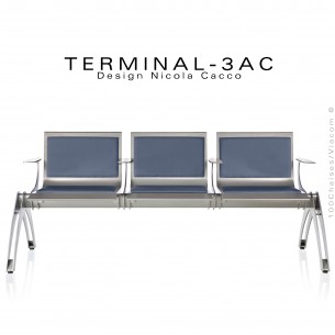 Banc design pour salle d'attente TERMINAL, 3 places avec coussins et accoudoirs, habillage tissu M1 ou AM18, couleur bleu.