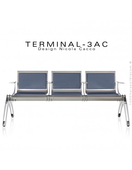 Banc design pour salle d'attente TERMINAL, 3 places avec coussins et accoudoirs, habillage tissu M1 ou AM18, couleur bleu.