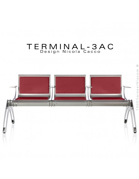 Banc design pour salle d'attente TERMINAL, 3 places avec coussins et accoudoirs, habillage tissu M1 ou AM18, couleur rouge.