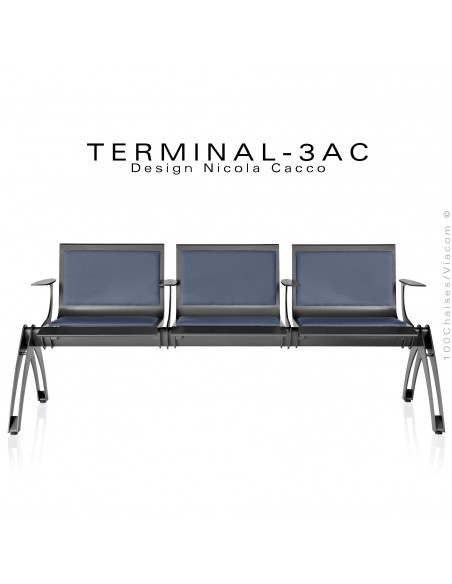 Banc design pour salle d'attente TERMINAL, 3 places avec coussins et accoudoirs, habillage tissu M1 ou AM18, couleur bleu.