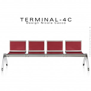 Banc design ou assise sur poutre TERMINAL, assise 4 places avec coussins couleur rouge, structure peint aluminium.