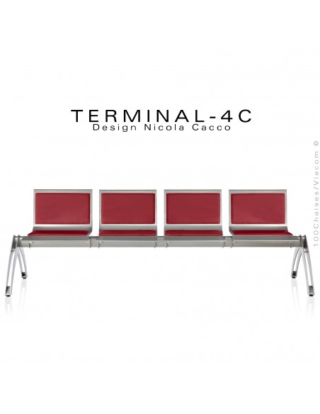 Banc design ou assise sur poutre TERMINAL, assise 4 places avec coussins couleur rouge, structure peint aluminium.