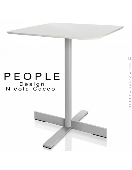 Table carrée PEOPLE, pour CHR, piétement colonne centrale acier peint, plateau compact HPL pour extérieur.