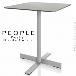 Table carrée PEOPLE, pour CHR, piétement colonne centrale acier peint, plateau compact HPL pour extérieur.