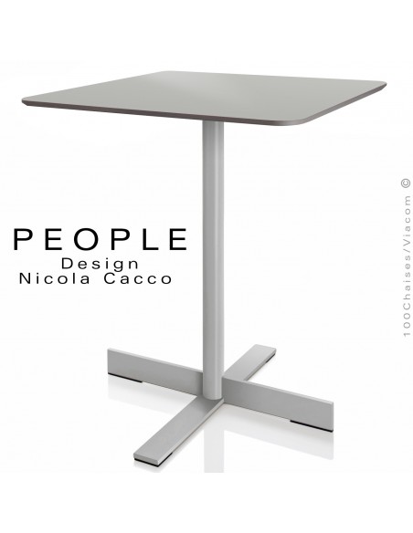 Table carrée PEOPLE, pour CHR, piétement colonne centrale acier peint, plateau compact HPL pour extérieur.