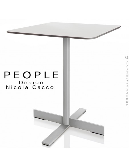 Table carrée PEOPLE, pour CHR, piétement colonne centrale acier peint, plateau compact HPL pour extérieur.