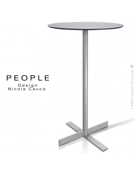 Table mange debout design PEOPLE, piétement peint aluminium, plateau rond compact couleur aluminium.