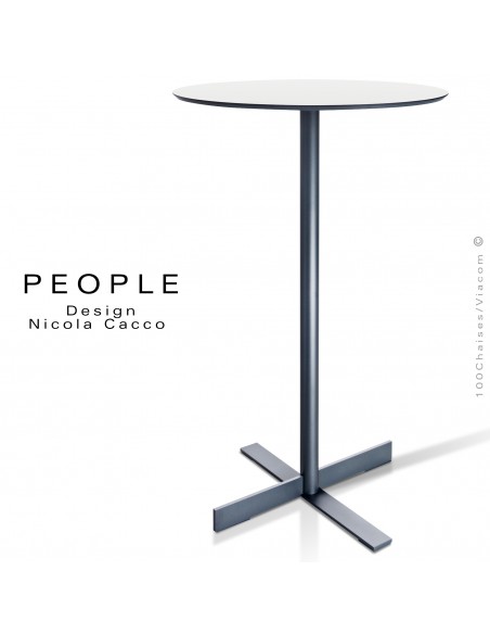 Table mange debout carré ou ronde PEOPLE, piétement peint anthracite plateau compact blanc chant noir.