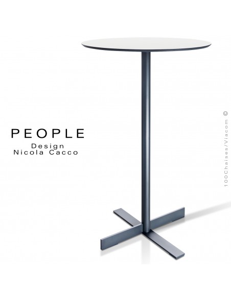 Table mange debout carré ou ronde PEOPLE, piétement peint anthracite plateau compact blanc chant noir.