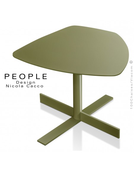 Table basse pour salon lounge PEOPLE, piétement peint vert kaki, plateau type MDF, peint vert kaki avec chant incliné.