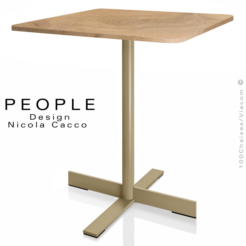 Table design PEOPLE, pour CHR, piétement colonne centrale acier peint sable, plateau carré placage stratifié chêne.