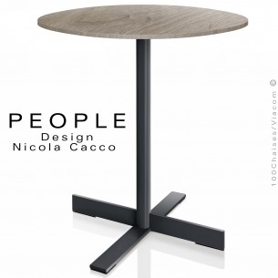Table design pour CHR, PEOPLE plateau ronde placage stratifié chêne gris, piétement peint anthracite.