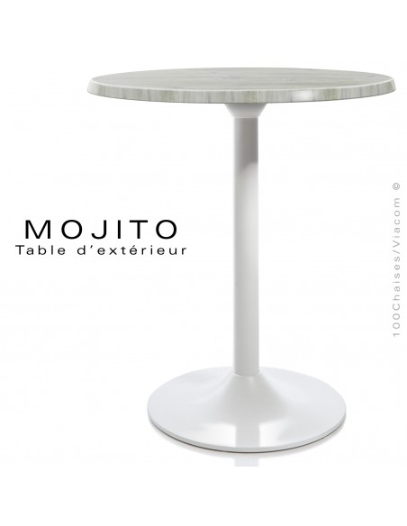 Table pour CHR, MOJITO, piétement tulipe ou trompette en aluminium peint blanc, plateau résine palissandre blanc.