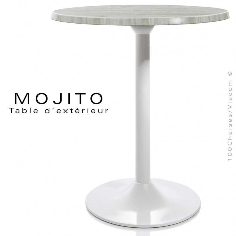 Table pour CHR, MOJITO, piétement tulipe ou trompette en aluminium peint blanc, plateau résine palissandre blanc.