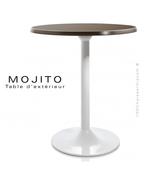 Table pour CHR, MOJITO, piétement tulipe ou trompette en aluminium peint blanc, plateau résine wengé.