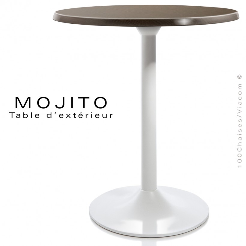 Table pour CHR, MOJITO, piétement tulipe ou trompette en aluminium peint blanc, plateau résine wengé.