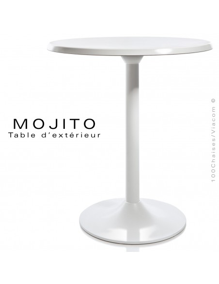 Table pour CHR, MOJITO, piétement tulipe ou trompette en aluminium peint blanc, plateau résine blanc.