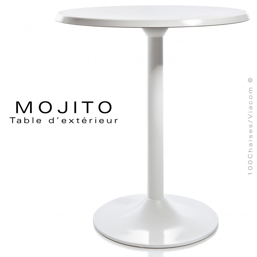 Table pour CHR, MOJITO, piétement tulipe ou trompette en aluminium peint blanc, plateau résine blanc.