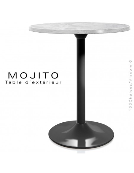 Table pour CHR, MOJITO, piétement tulipe ou trompette en aluminium peint noir, plateau résine marbre blanc.