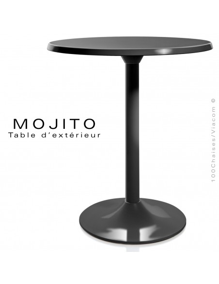 Table pour CHR, MOJITO, piétement tulipe ou trompette en aluminium peint noir, plateau résine noir.