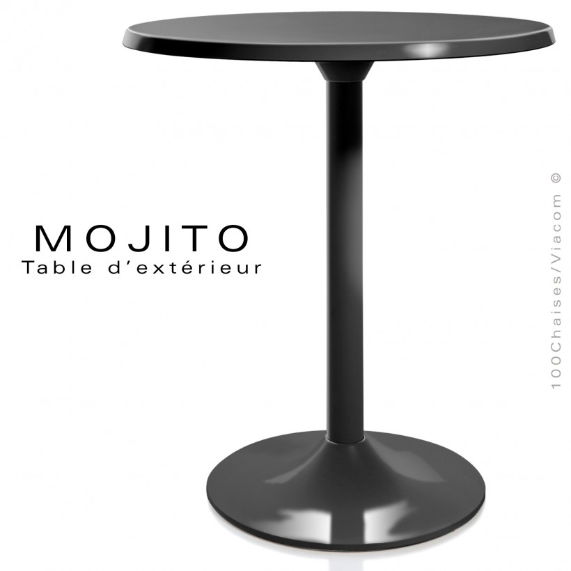 Table pour CHR, MOJITO, piétement tulipe ou trompette en aluminium peint noir, plateau résine noir.