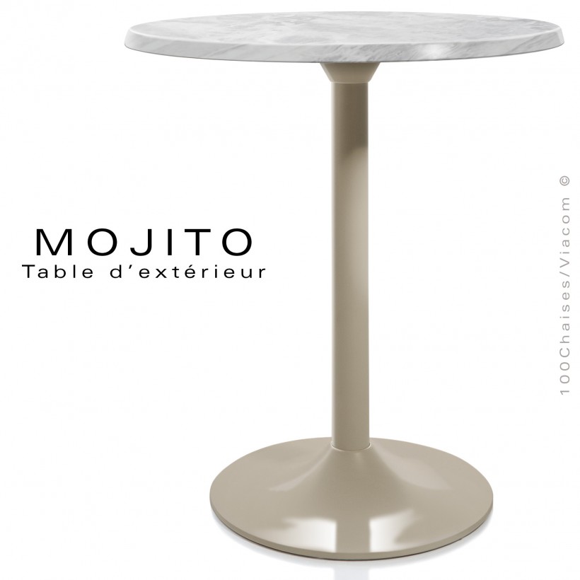 Table pour CHR, MOJITO, piétement tulipe ou trompette en aluminium peint sable, plateau résine marbre blanc.