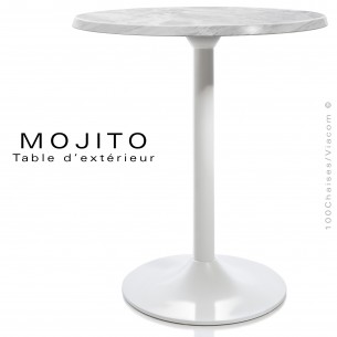 Table pour CHR, MOJITO, piétement tulipe ou trompette en aluminium peint blanc, plateau résine marbre blanc.