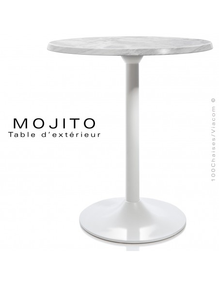 Table pour CHR, MOJITO, piétement tulipe ou trompette en aluminium peint blanc, plateau résine marbre blanc.