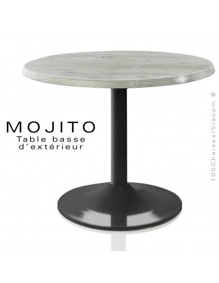 Table basse pour extérieur salon lounge MOJITO, piétement aluminum peint, plateau carré ou rond en résine unie ou motif déco.