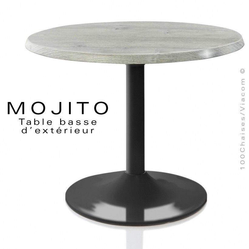Table basse pour extérieur salon lounge MOJITO, piétement aluminum peint, plateau carré ou rond en résine unie ou motif déco.
