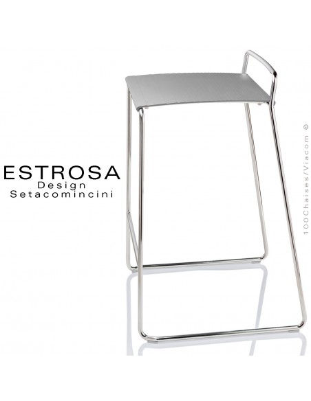 Tabouret design ESTROSA, piétement type luge acier chromé ou peint assise fonte d'aluminum de couleur.