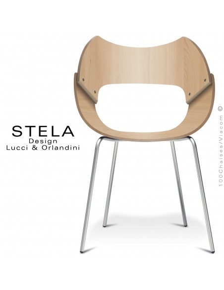 Chaise design STELA, assise coque bois de hêtre cintré, finition hêtre blanchi, piétement 4 pieds acier peint RAL-9006.
