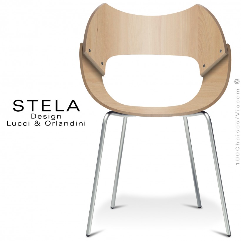Chaise design STELA, assise coque bois de hêtre cintré, finition hêtre blanchi, piétement 4 pieds acier peint RAL-9006.
